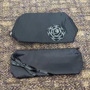 NWOT Lancôme Black Cosmetic Pouch Set with Floral and Bow Accents